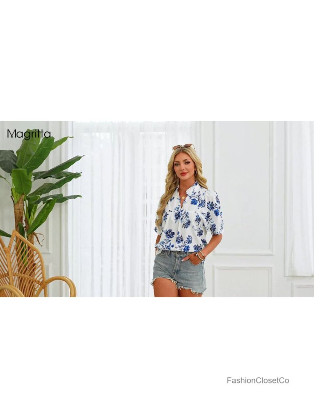 Puff Sleeve Ruffle V Neck Peasant Blouse Top Polyester - Picture 5 of 5